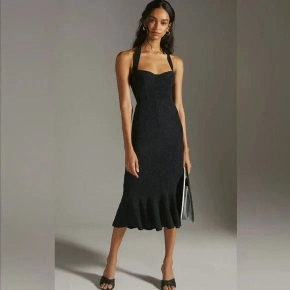 Hutch Black Halter Midi Dress with Fluted Hem